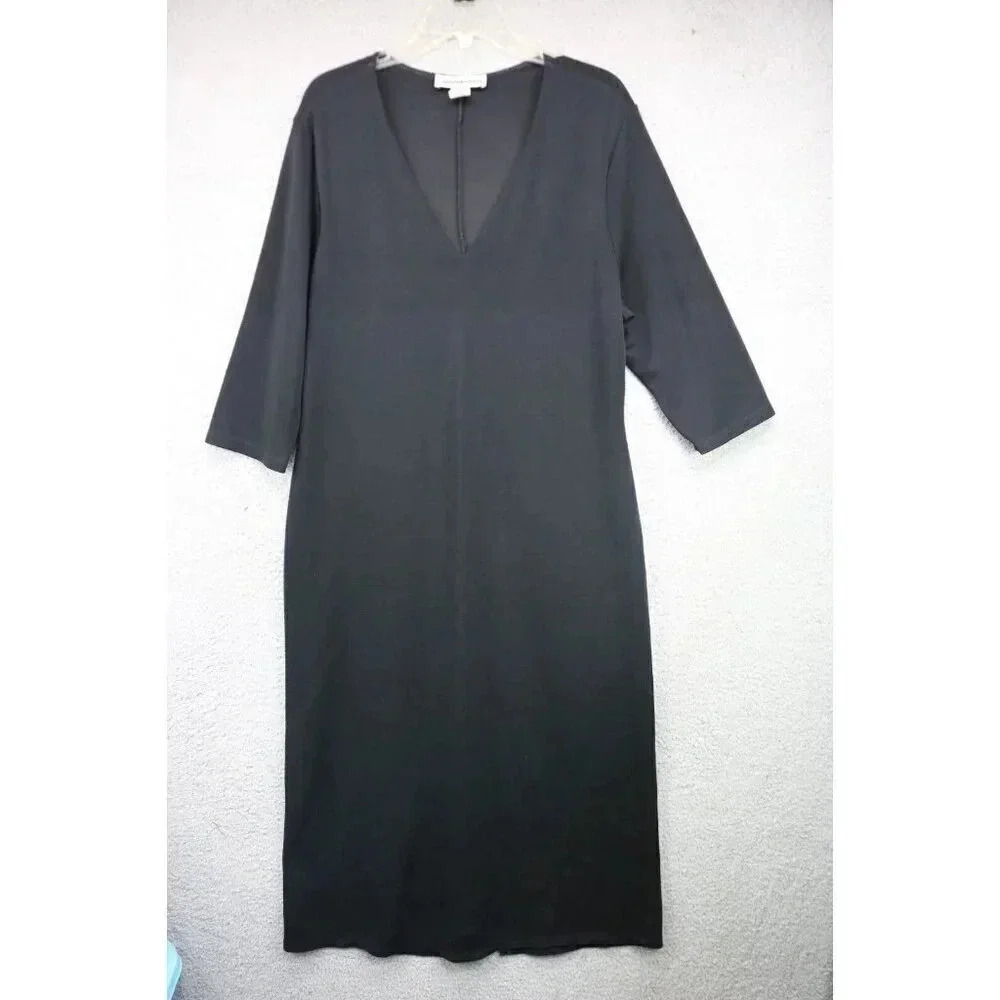 Boston Proper Vintage Black‎ Half Sleeves V-Neck Midi Dress-Large-Back Slit